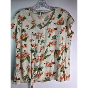 Women Size M Top Orange Floral VNeck Short Cap Sleeve Tie Hem Pullover Tshirt